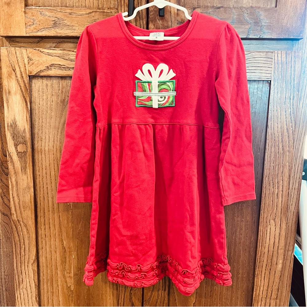 ARB Blanks Girls Red Ruffle Dress with Present Embroidered Size 8 EUC